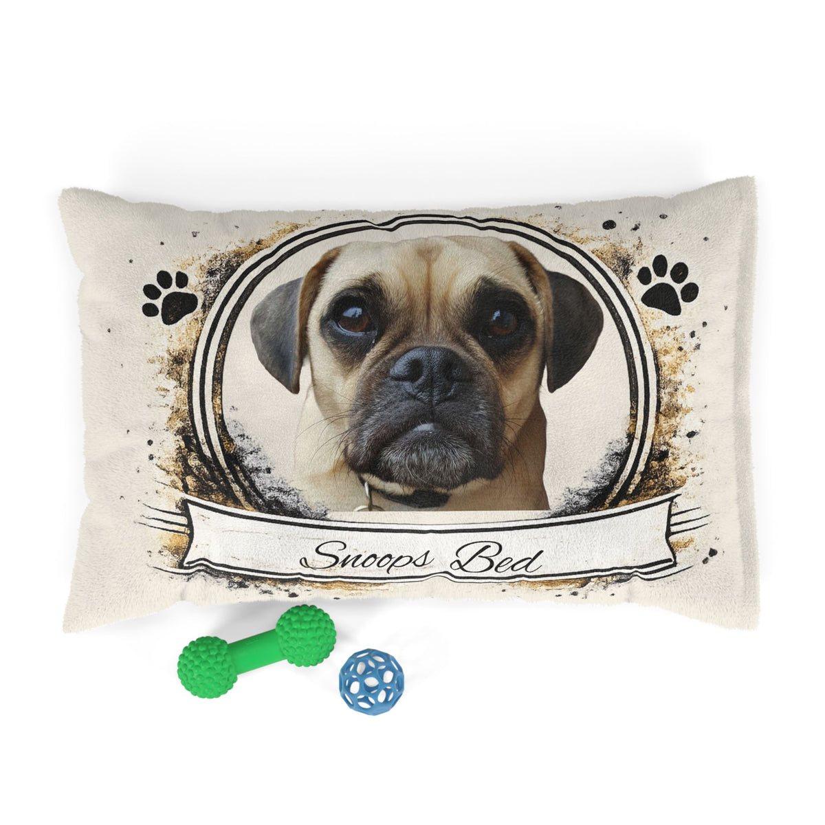 Personalised Pet Bed (Dog or Cat) with Photo & Name – Custom Pet Bed (Rustic Vintage Design)