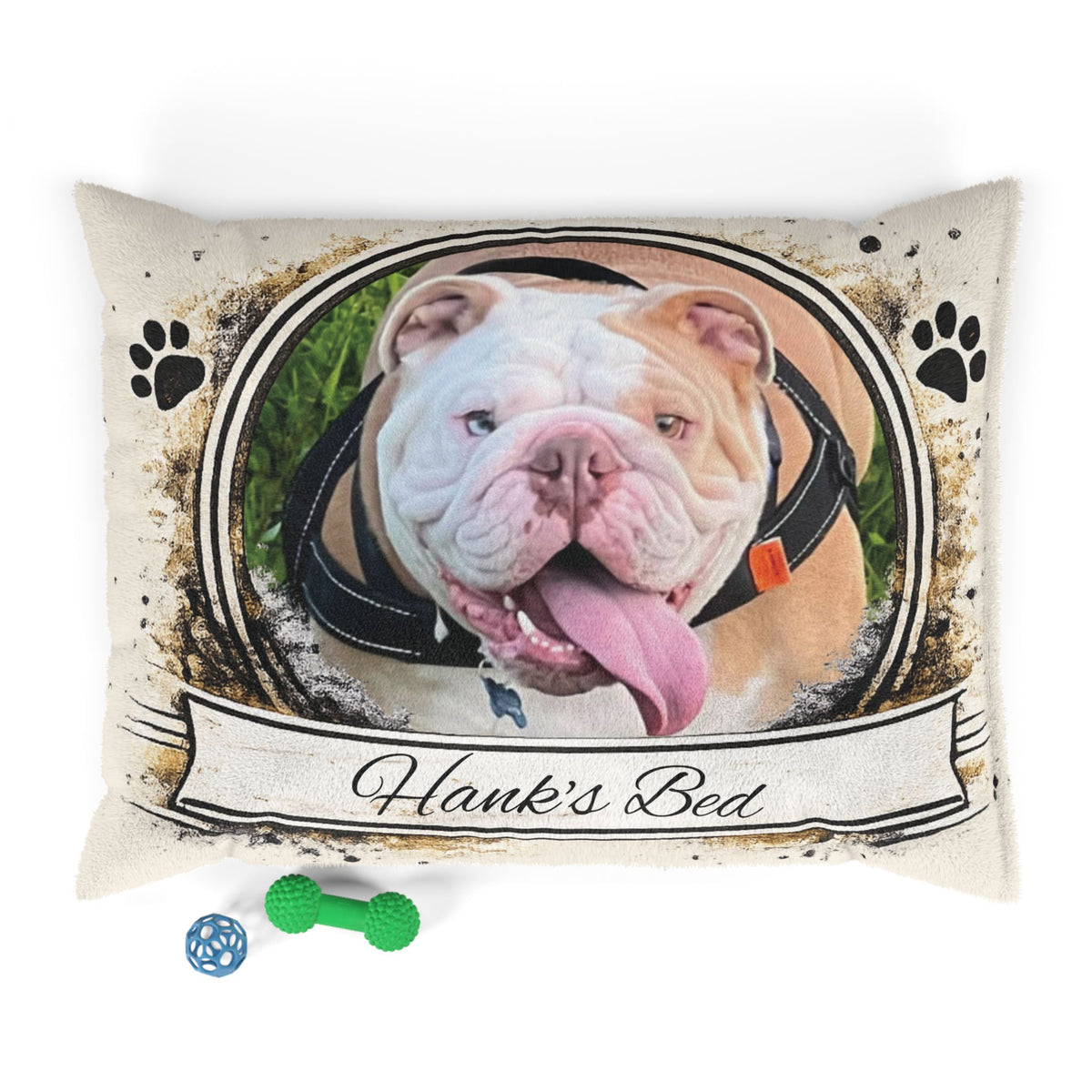 Personalised Pet Bed (Dog or Cat) with Photo & Name – Custom Pet Bed (Rustic Vintage Design)
