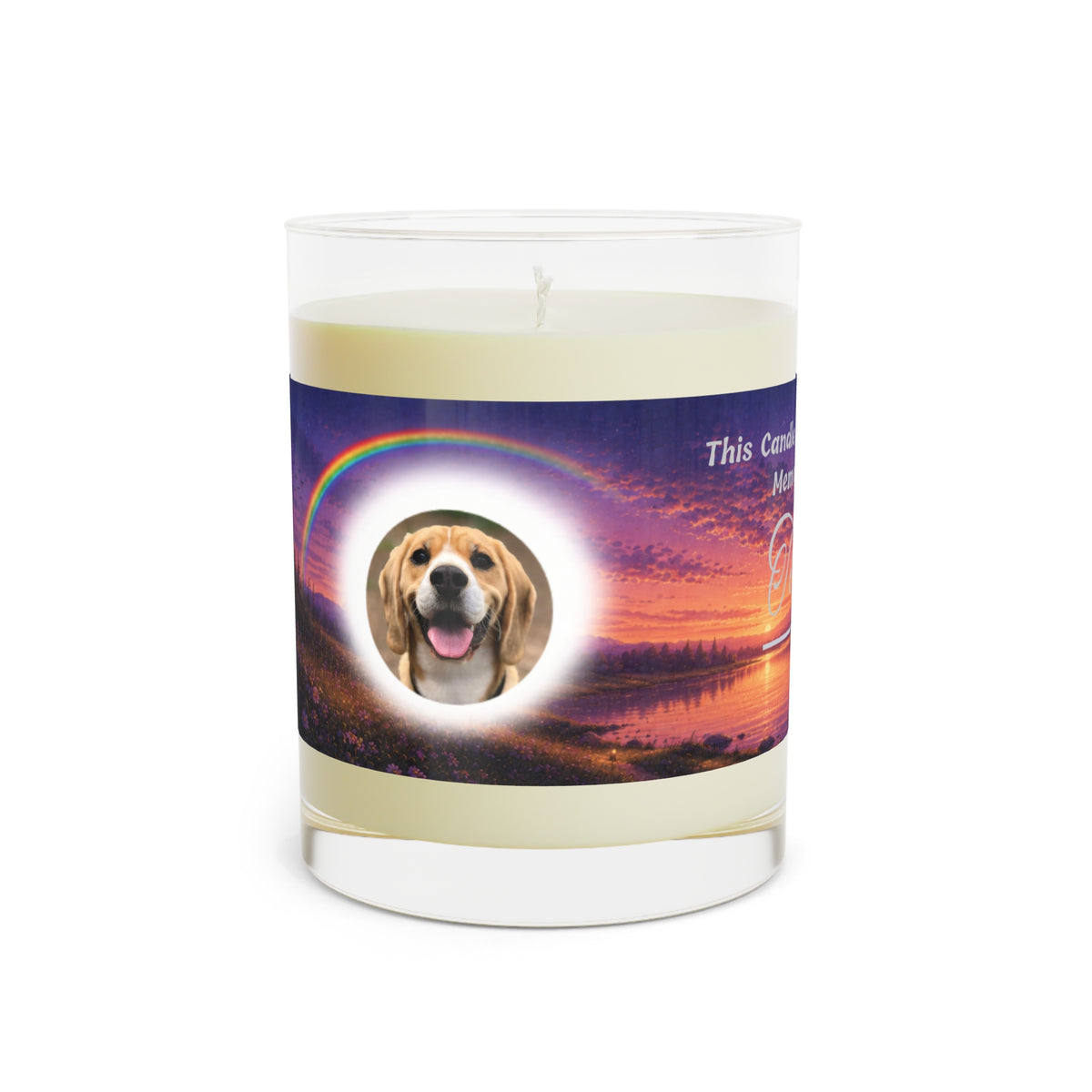 Rainbow Over Twilight – Personalised Pet Memorial Candle - Silver Text (Pet Photo & Name)