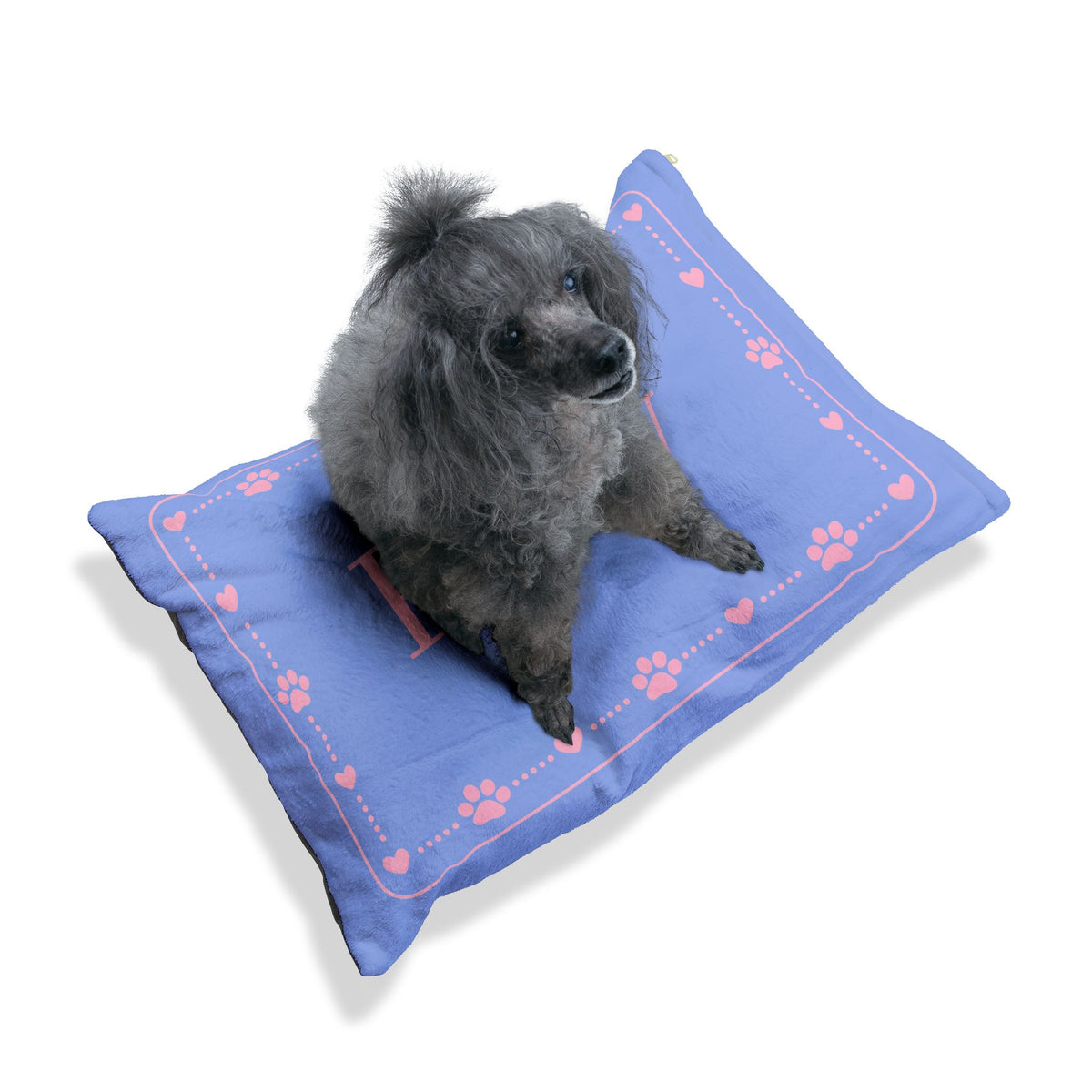 Personalised Pet Bed (Dog or Cat) with Name – Custom Pet Bed (Soft Blue with Pink Paw & Heart Border Design)