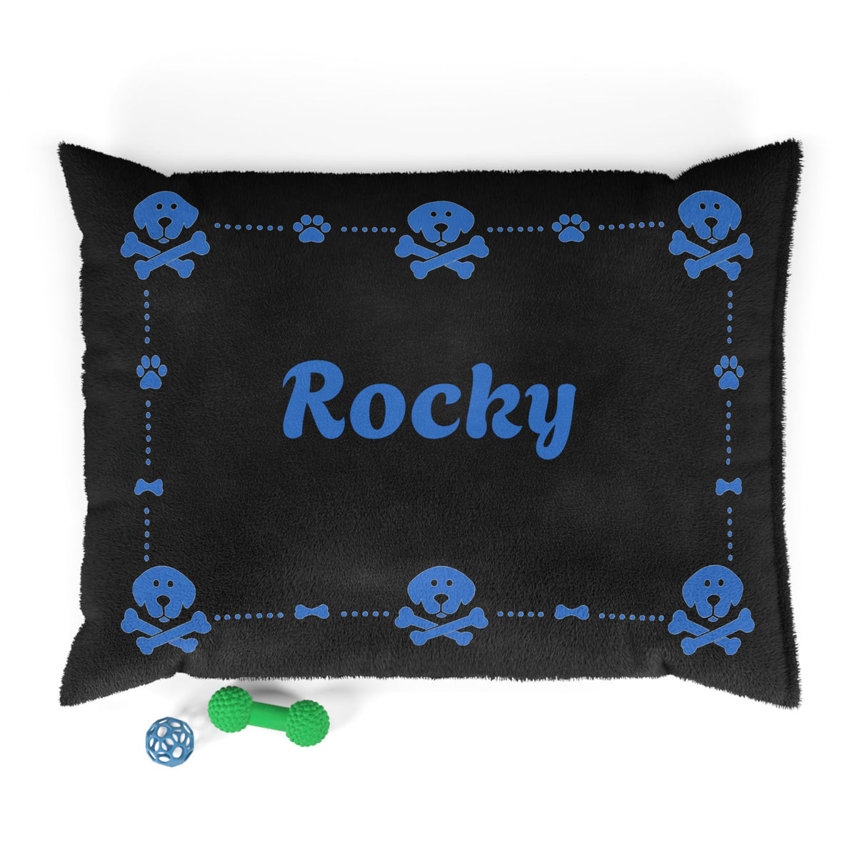 Personalised Pet Bed (Dog or Cat) with Name – Custom Pet Bed (Black with Blue Border Design)