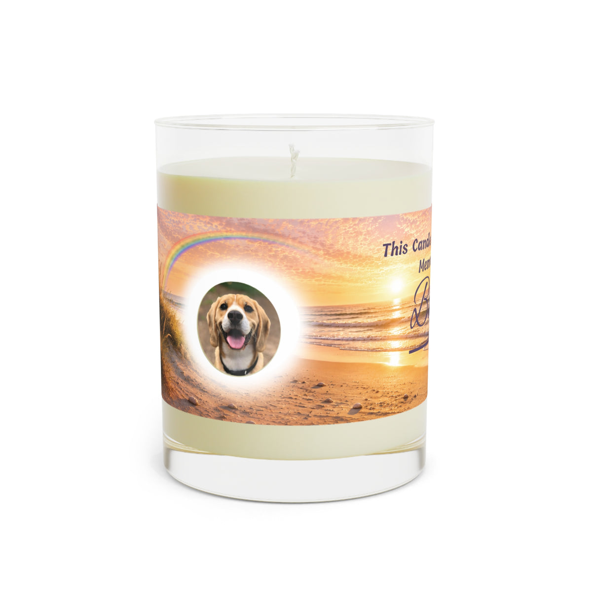 Rainbow Over the Beach – Personalised Pet Memorial Candle - Purple Text (Pet Photo & Name)