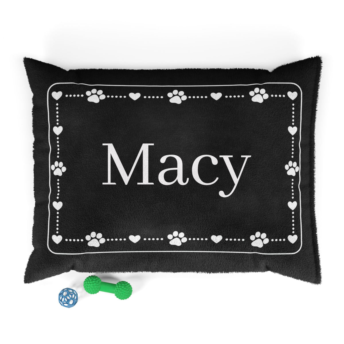 Personalised Pet Bed (Dog or Cat) with Name – Custom Pet Bed (Black with White Paw & Heart Border Design)