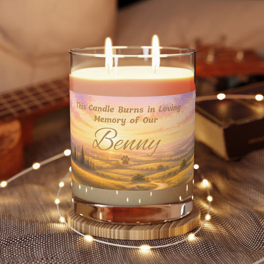 Rainbow Over Landscape – Personalised Pet Memorial Candle - Gold Text (Pet Photo & Name)