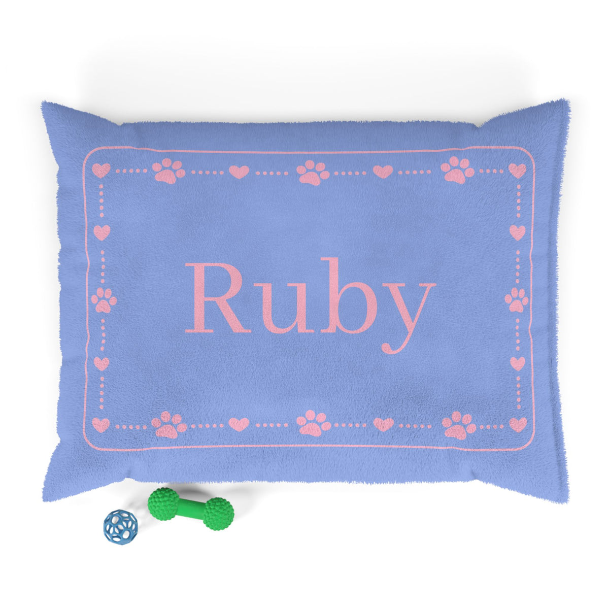 Personalised Pet Bed (Dog or Cat) with Name – Custom Pet Bed (Soft Blue with Pink Paw & Heart Border Design)