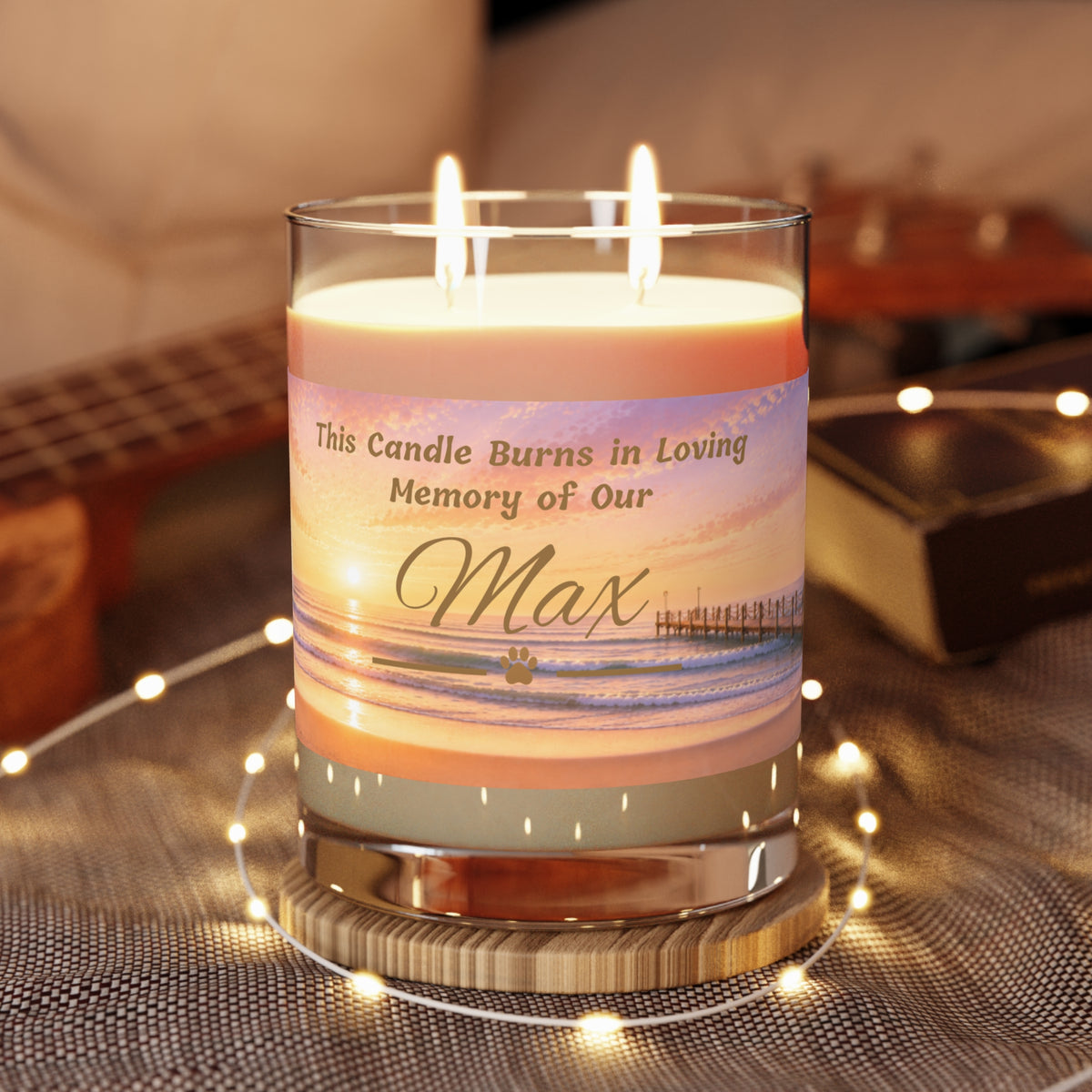 Rainbow Over Pier – Personalised Pet Memorial Candle - Gold Text (Pet Photo & Name)