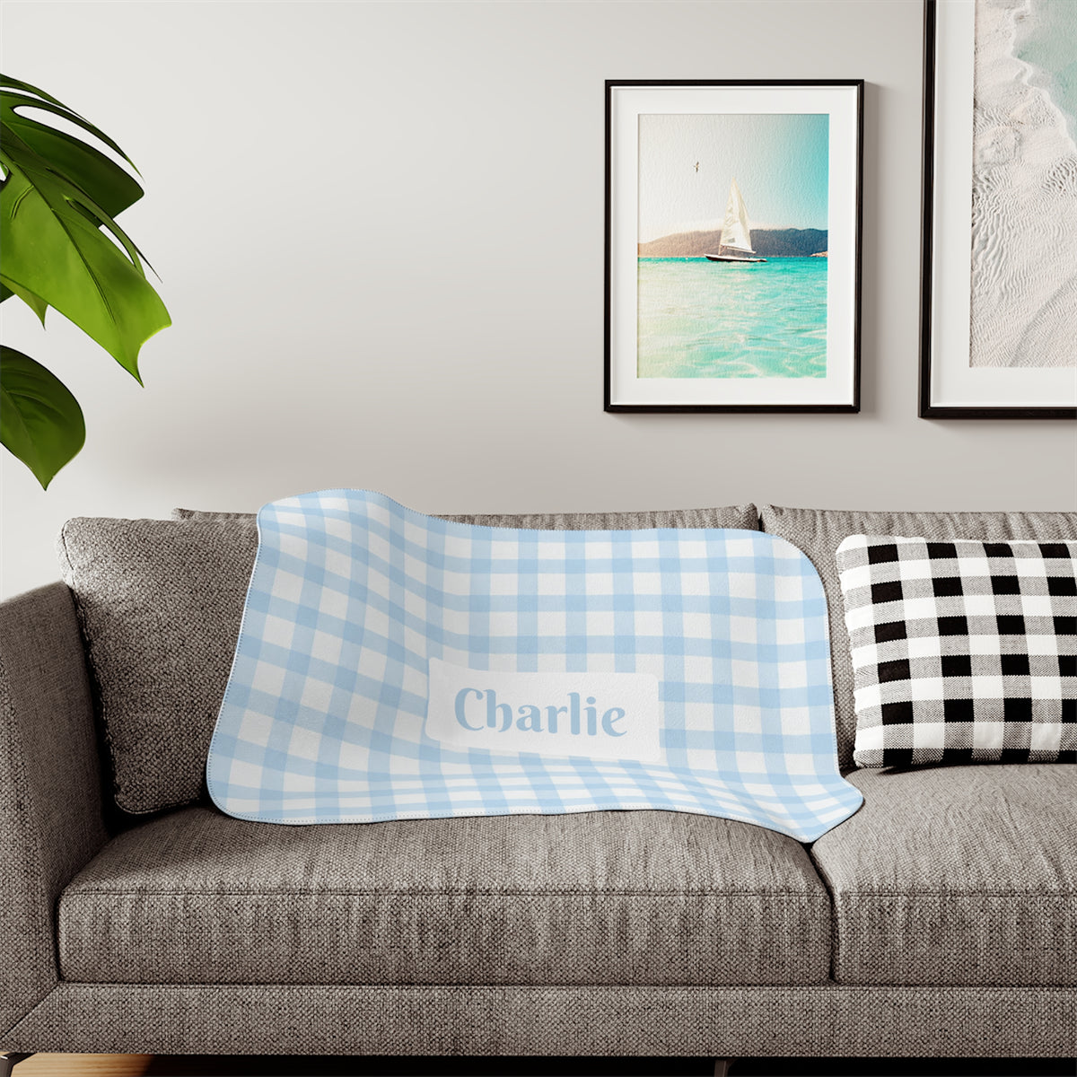 Personalised Gingham Sherpa Blanket – Small Baby Blue & White (Pet Name)