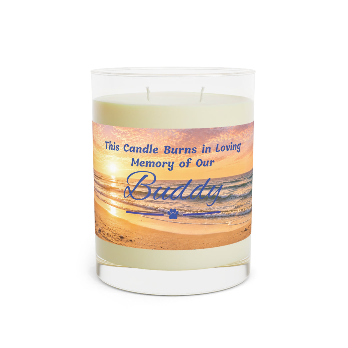 Rainbow Over the Beach – Personalised Pet Memorial Candle - Blue Text (Pet Photo & Name)