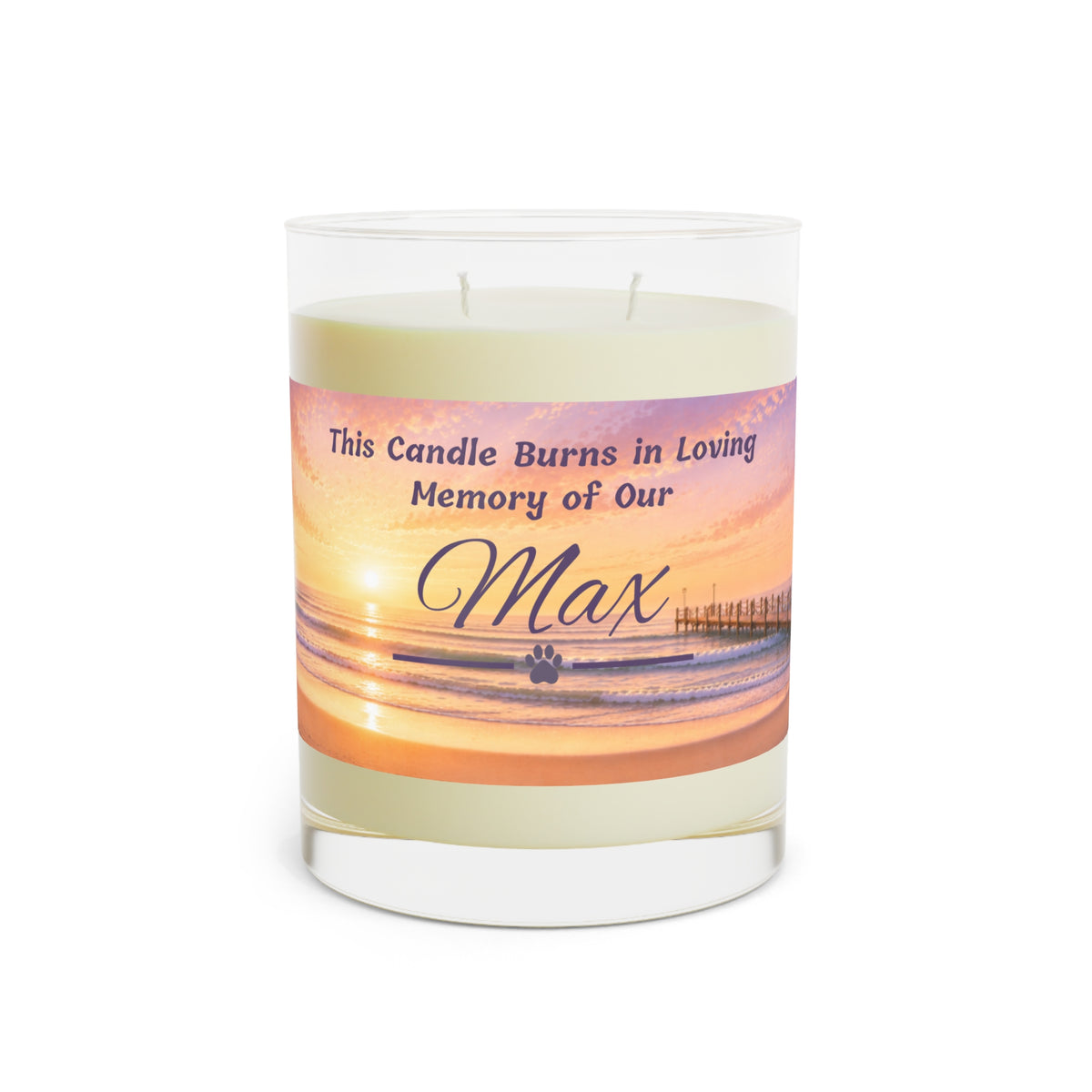 Rainbow Over Pier – Personalised Pet Memorial Candle - Purple Text (Pet Photo & Name)