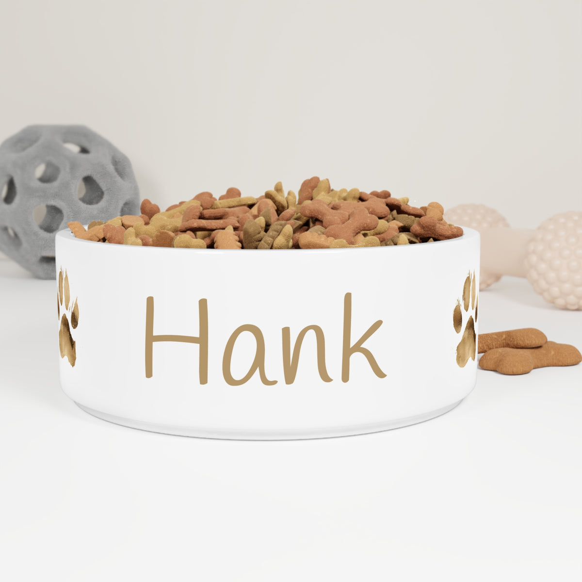 Personalised Pet Bowl — Gold & White with Golden Paw Design (Pet Name)