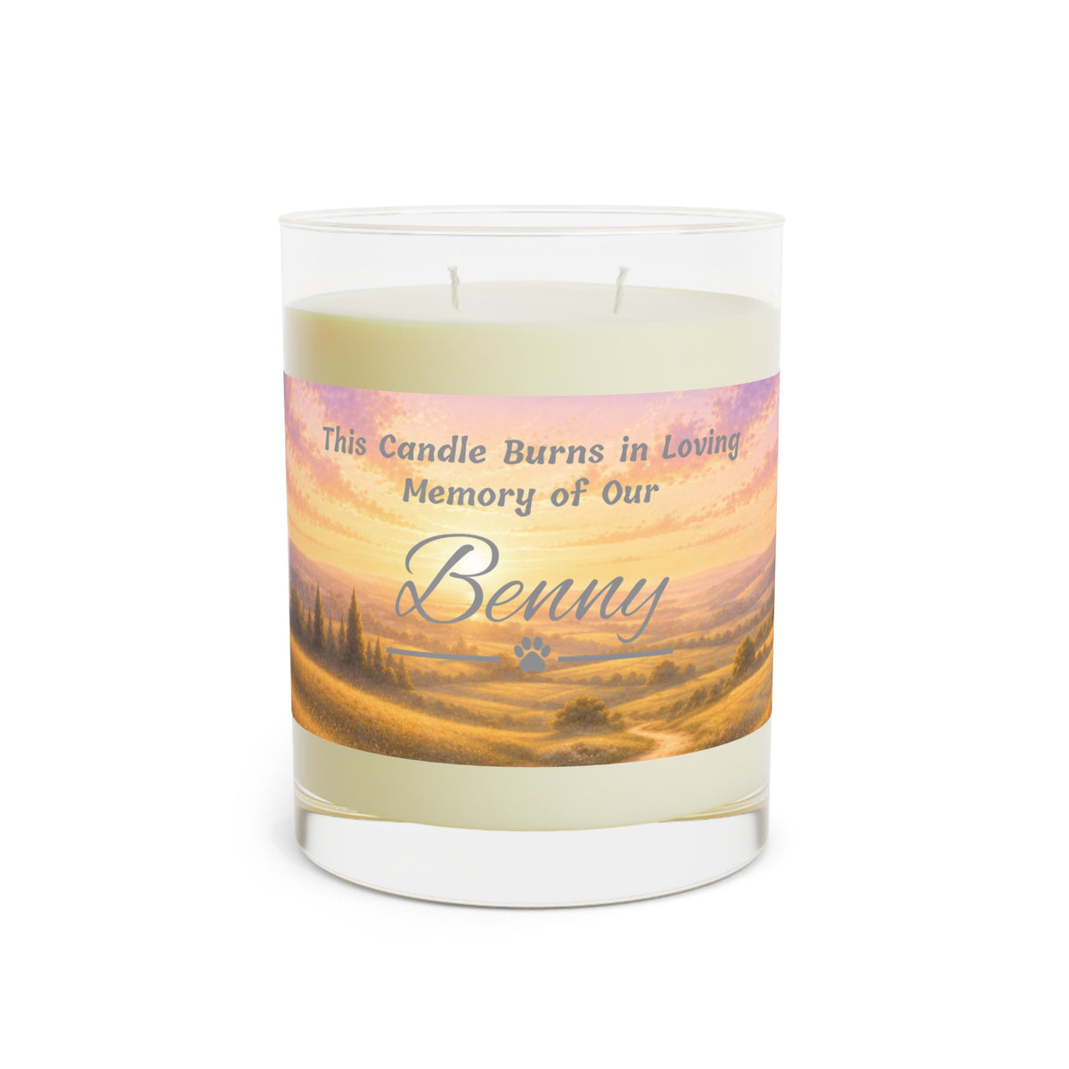 Rainbow Over Landscape – Personalised Pet Memorial Candle - Silver Text (Pet Photo & Name)