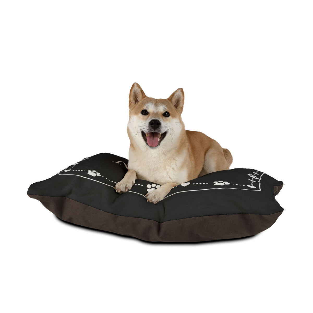 Personalised Pet Bed (Dog or Cat) with Name – Custom Pet Bed (Black with White Paw & Heart Border Design)