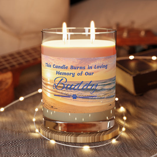 Rainbow Over the Beach – Personalised Pet Memorial Candle - Blue Text (Pet Photo & Name)