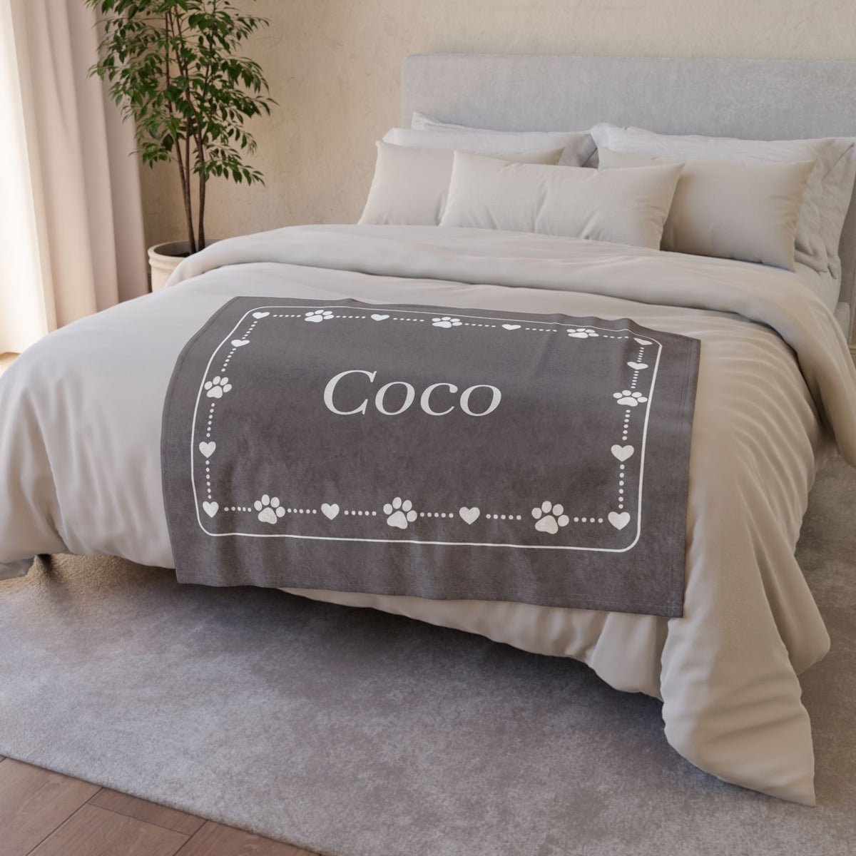 Personalised Fleece Pet Blanket, Soft Grey with White Paw & Heart (Pet Name)