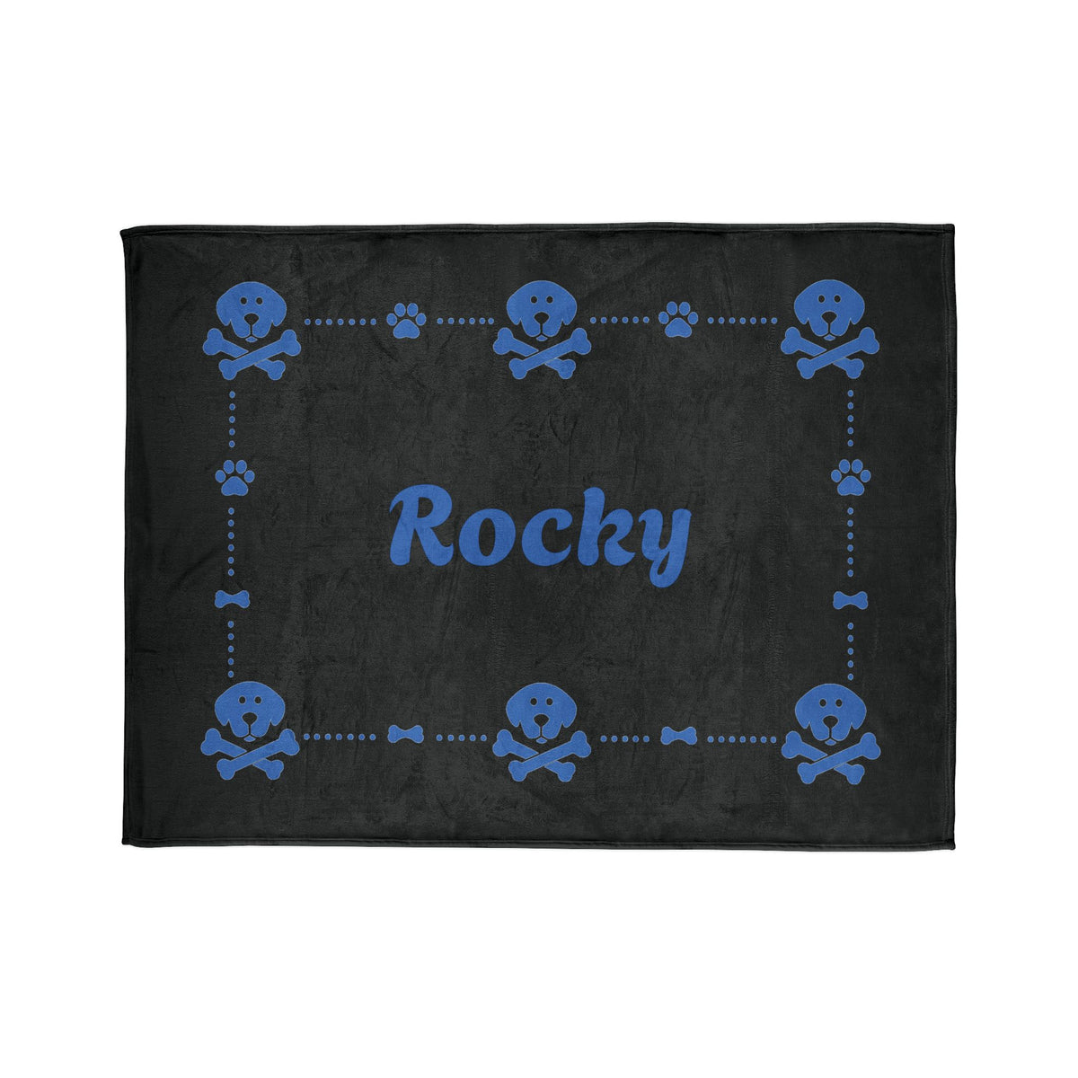Personalised Fleece Pet Blanket, Black with Blue Dog Cross Bone (Pet Name)