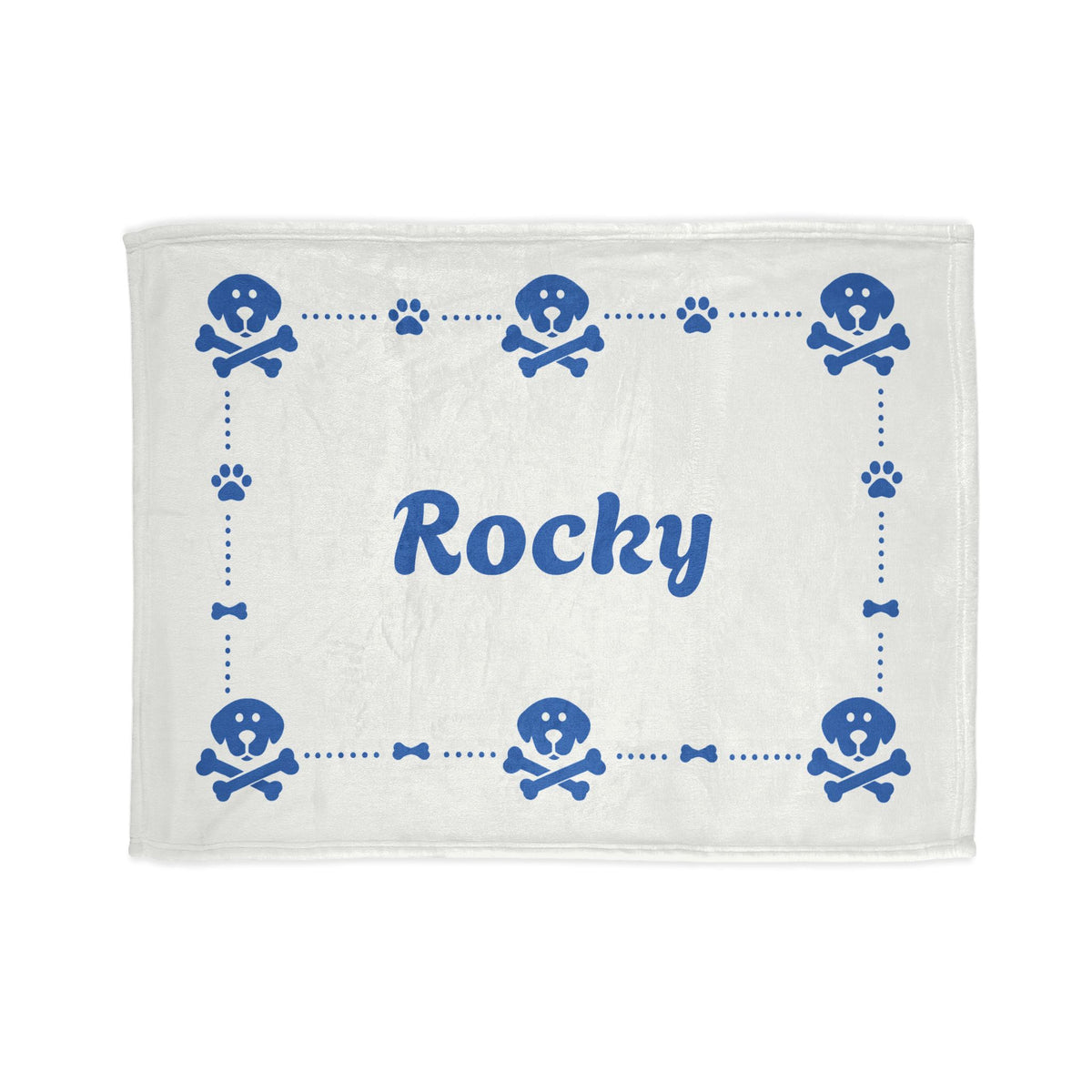 Personalised Fleece Pet Blanket, White with Blue Dog Cross Bone (Pet Name)