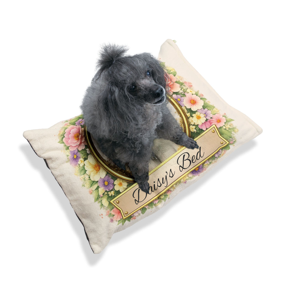 Personalised Pet Bed (Dog or Cat) with Photo & Name – Custom Pet Bed (Floral Portrait Design)