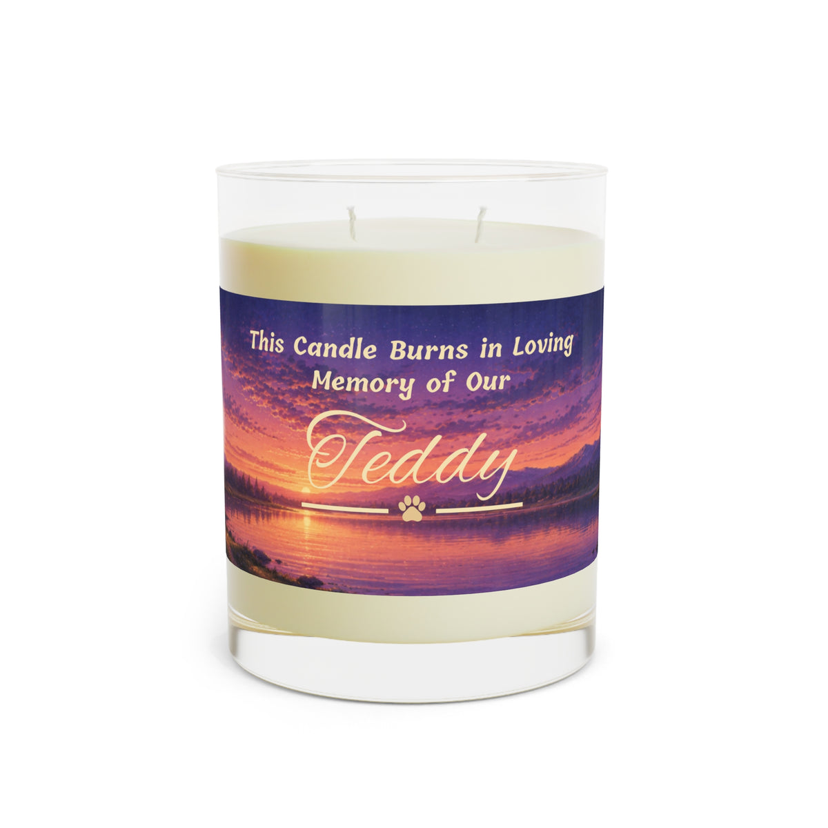 Rainbow Over Twilight – Personalised Pet Memorial Candle - Gold Text (Pet Photo & Name)