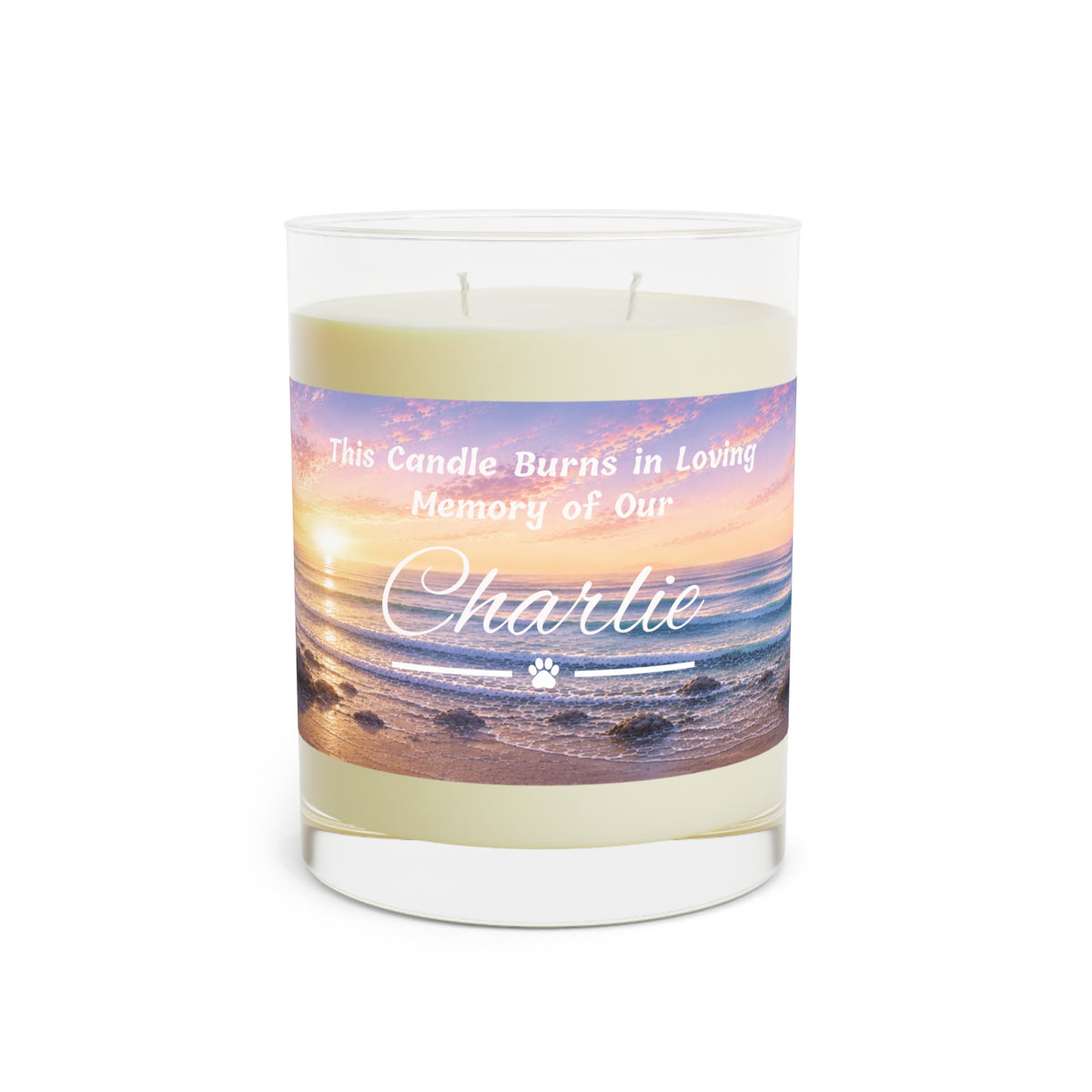 Rainbow Over the Seascape – Personalised Memorial Candle - White Text (Pet Photo & Name)