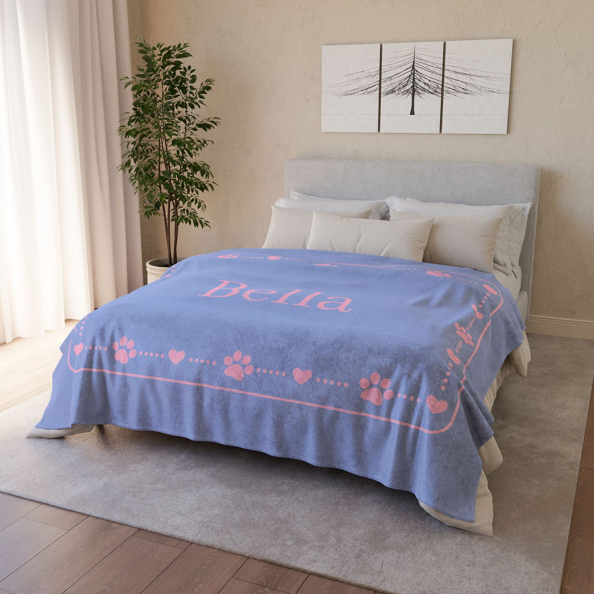 Personalised Fleece Pet Blanket, Soft Blue with Pink Paw & Heart (Pet Name)