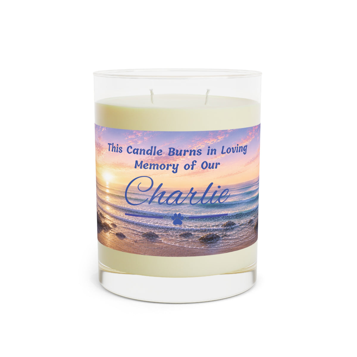 Rainbow Over the Seascape – Personalised Memorial Candle - Blue Text (Pet Photo & Name)