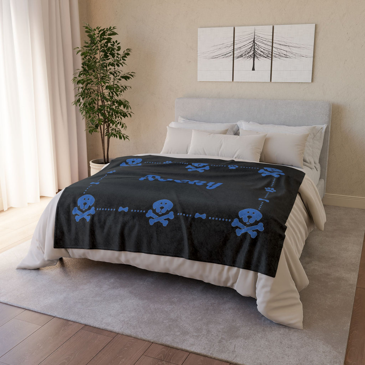 Personalised Fleece Pet Blanket, Black with Blue Dog Cross Bone (Pet Name)