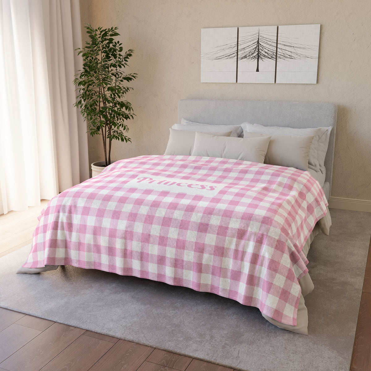 Personalised Baby Pink Gingham Fleece Pet Blanket (Pet Name)