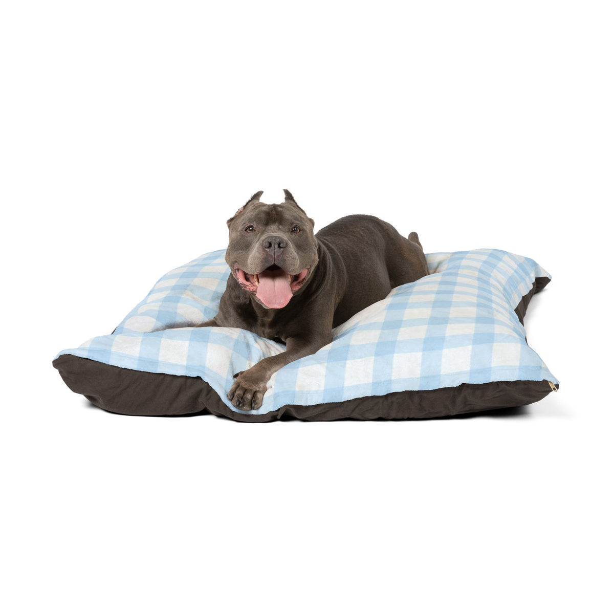 Personalised Pet Bed (Dog or Cat) with Name – Custom Pet Bed (Baby Blue and White Gingham Design)