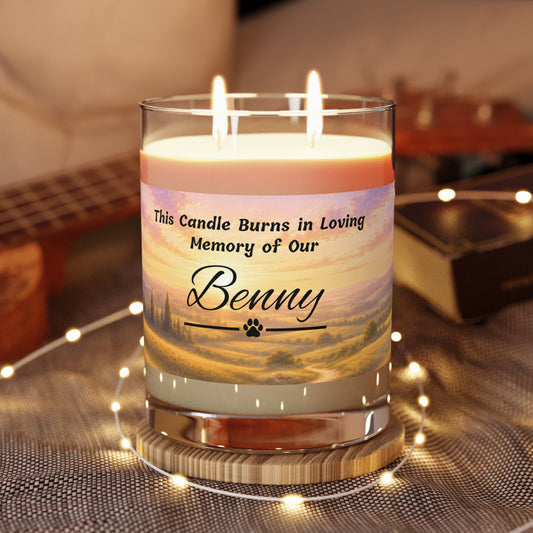 Rainbow Over Landscape – Personalised Pet Memorial Candle - Black Text (Pet Photo & Name)