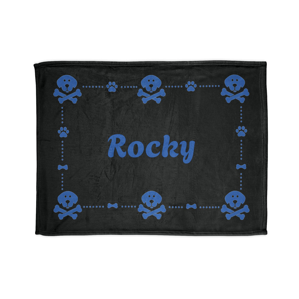 Personalised Fleece Pet Blanket, Black with Blue Dog Cross Bone (Pet Name)