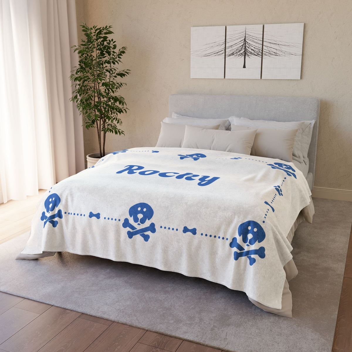 Personalised Fleece Pet Blanket, White with Blue Dog Cross Bone (Pet Name)
