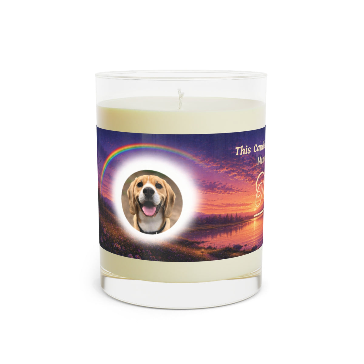 Rainbow Over Twilight – Personalised Pet Memorial Candle - Gold Text (Pet Photo & Name)