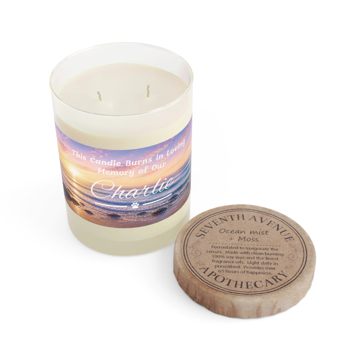 Rainbow Over the Seascape – Personalised Memorial Candle - White Text (Pet Photo & Name)