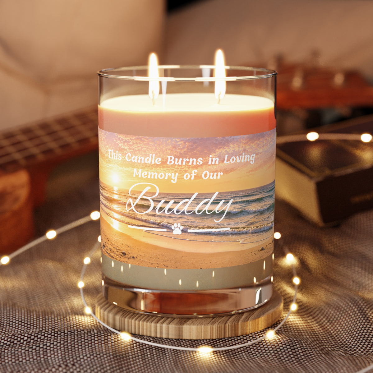 Rainbow Over the Beach – Personalised Pet Memorial Candle - White Text (Pet Photo & Name)