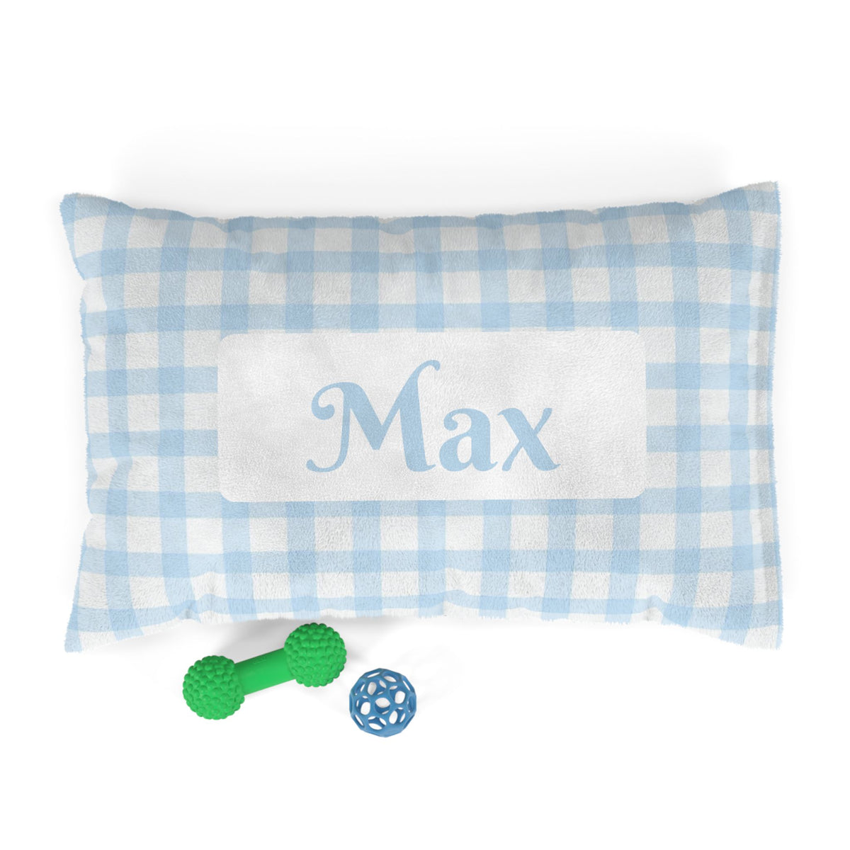 Personalised Pet Bed (Dog or Cat) with Name – Custom Pet Bed (Baby Blue and White Gingham Design)