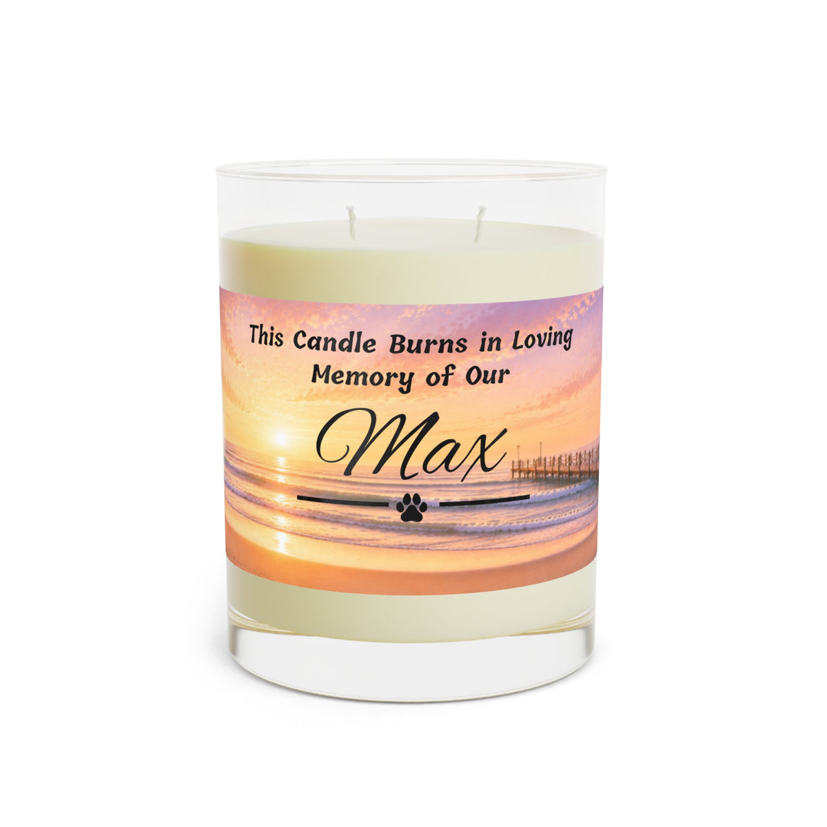 Rainbow Over the Pier – Personalised Pet Memorial Candle - Black Text (Pet Photo & Name)