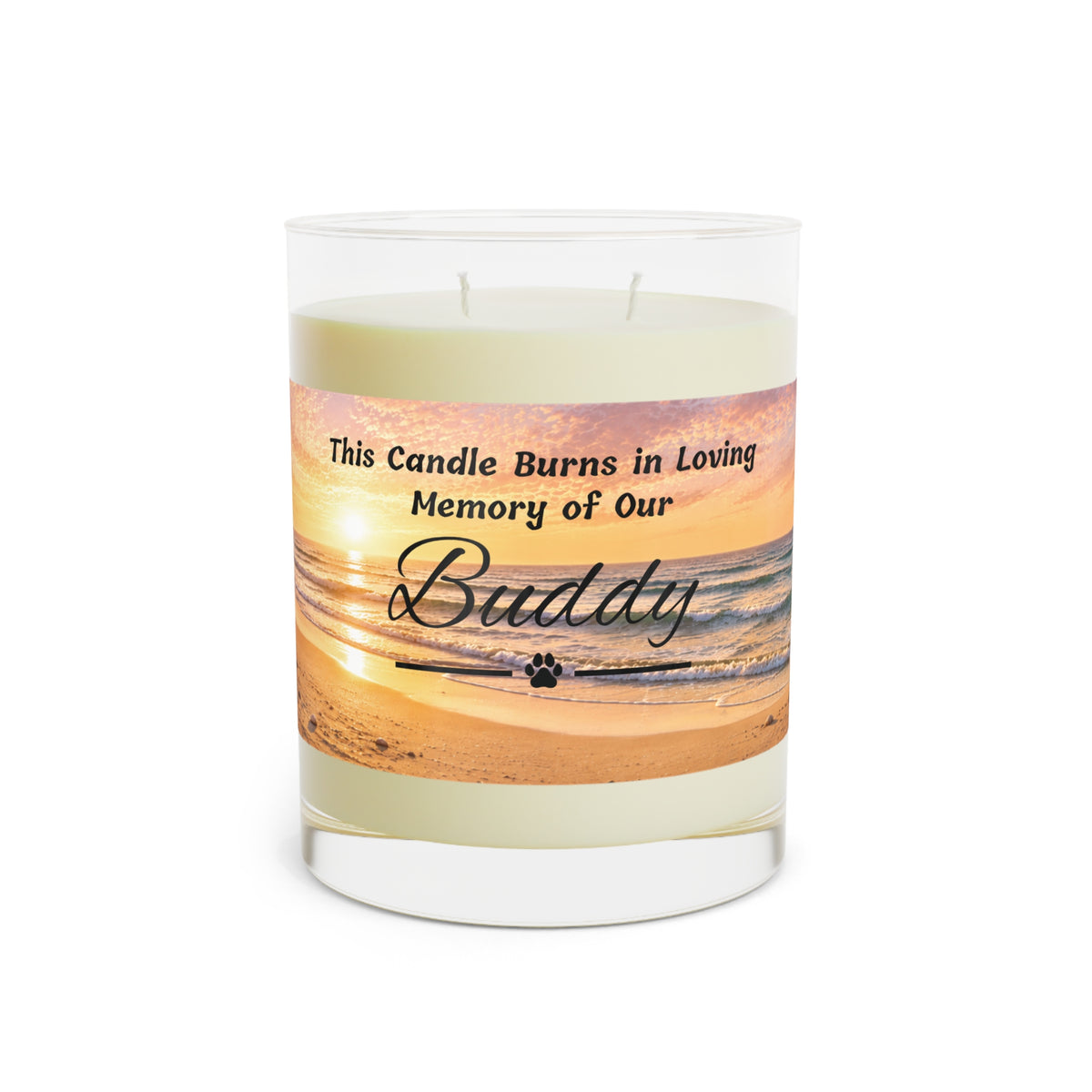 Rainbow Over the Beach – Personalised Pet Memorial Candle - Black Text (Pet Photo & Name)