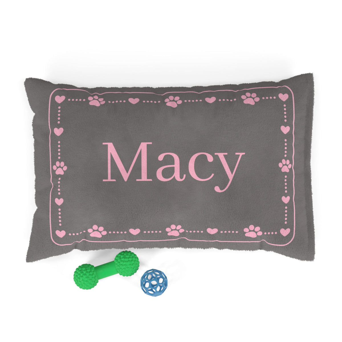 Personalised Pet Bed (Dog or Cat) with Name – Custom Pet Bed (Grey with Pink Paw & Heart Border Design)