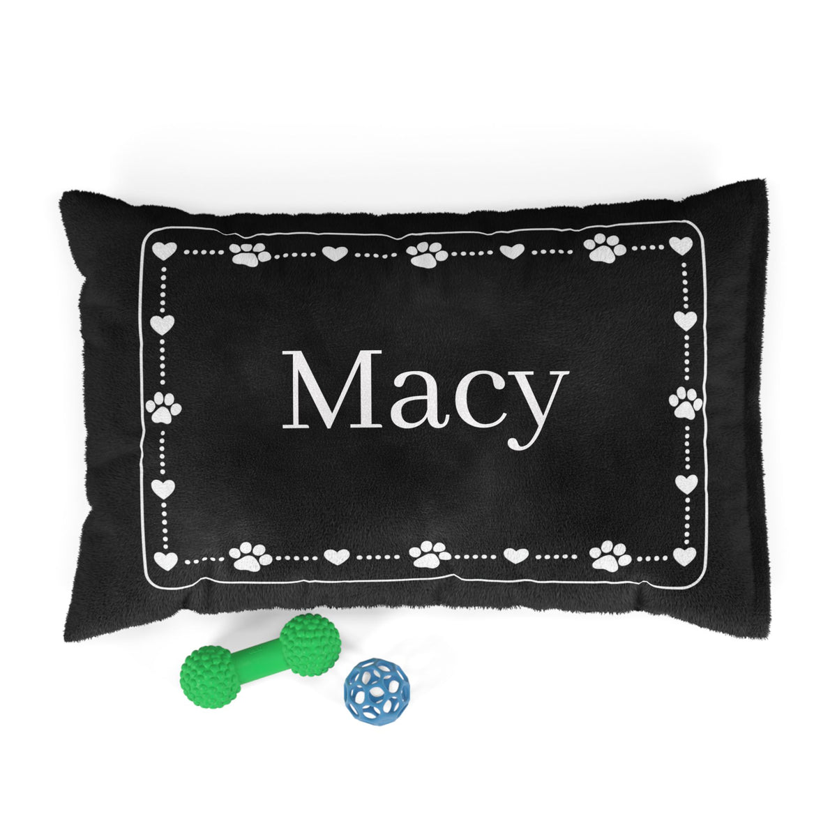 Personalised Pet Bed (Dog or Cat) with Name – Custom Pet Bed (Black with White Paw & Heart Border Design)