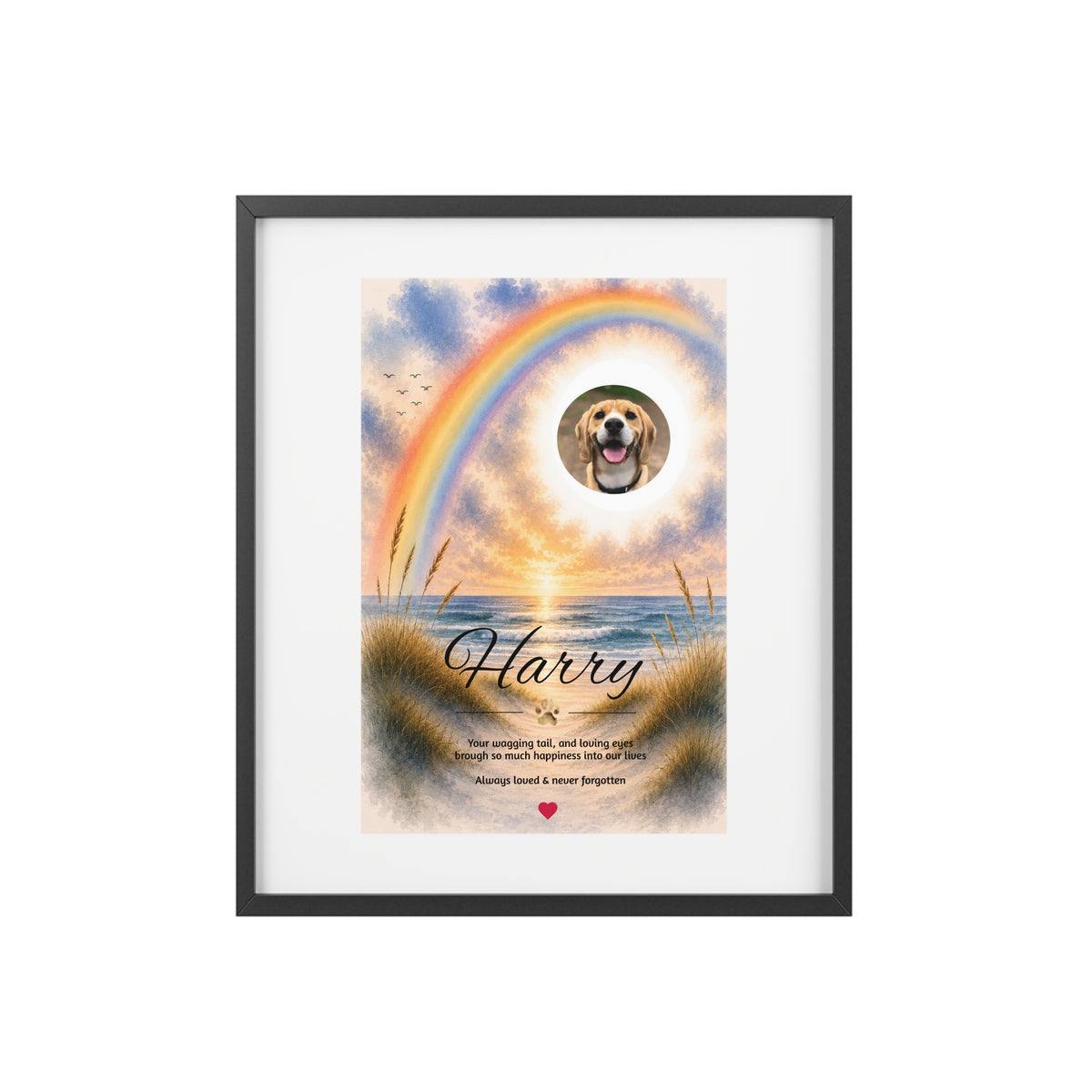 Rainbow Bridge over the Beach - Personalised Framed Pet Memorial Print (Pet Photo & Name)