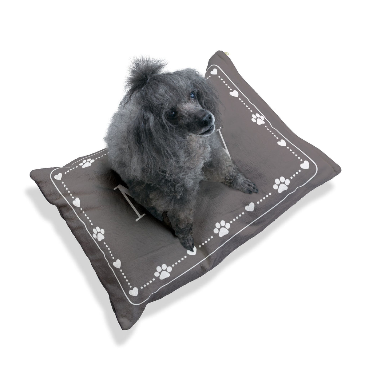 Personalised Pet Bed (Dog or Cat) with Name – Custom Pet Bed (Grey with White Paw & Heart Border Design)