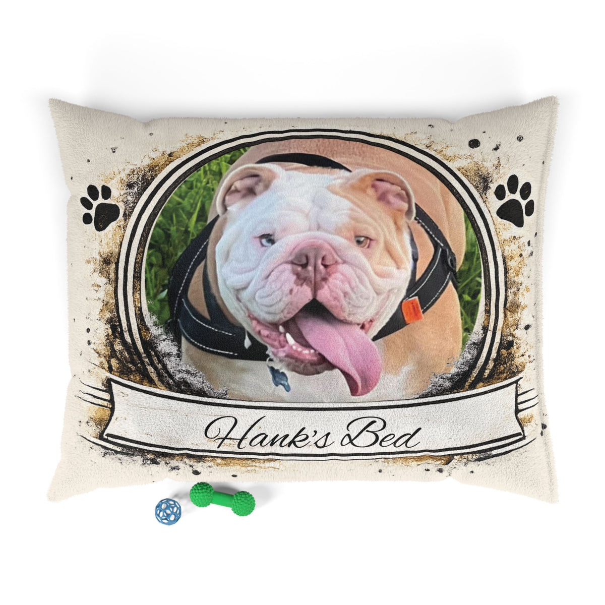 Personalised Pet Bed (Dog or Cat) with Photo & Name – Custom Pet Bed (Rustic Vintage Design)