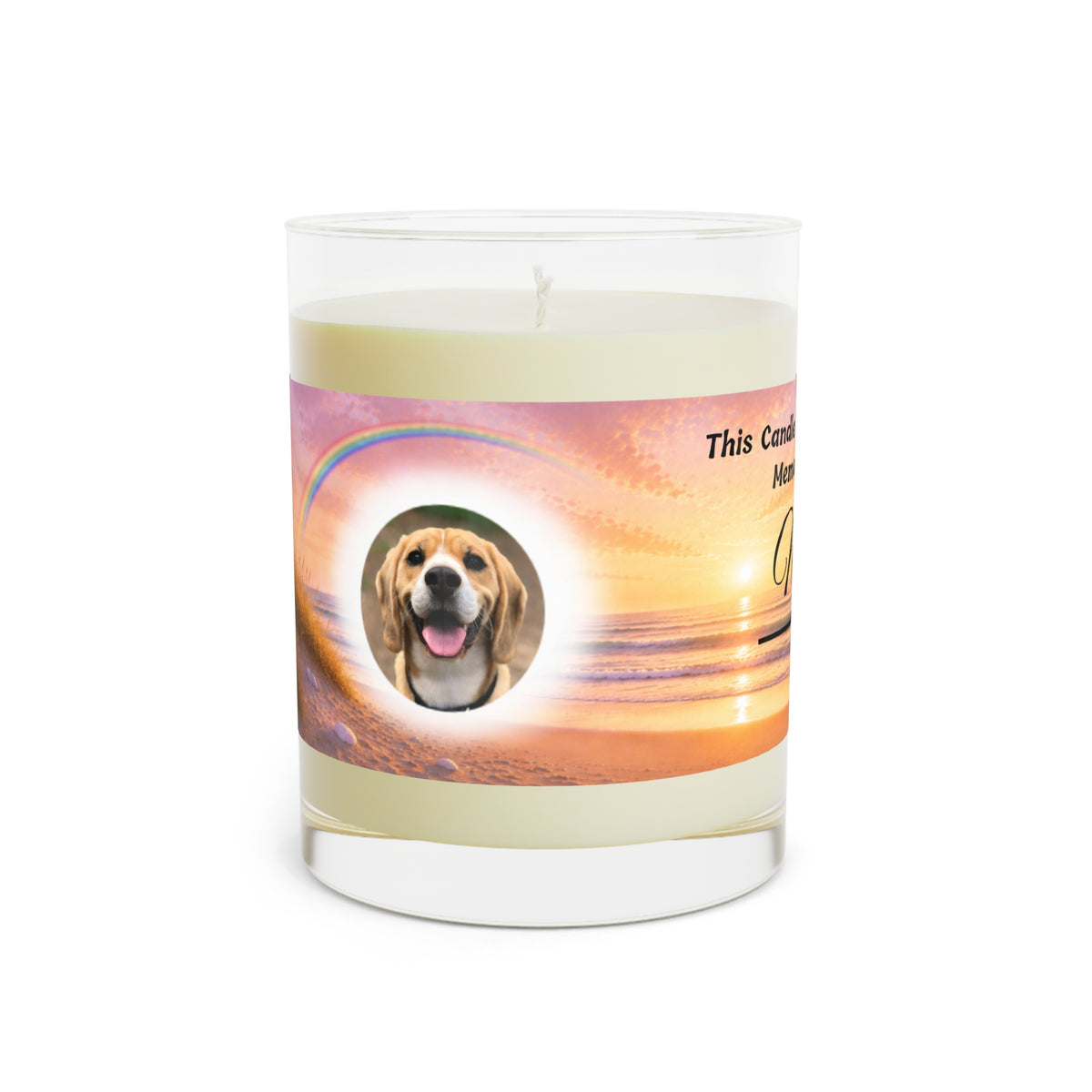 Rainbow Over the Pier – Personalised Pet Memorial Candle - Black Text (Pet Photo & Name)