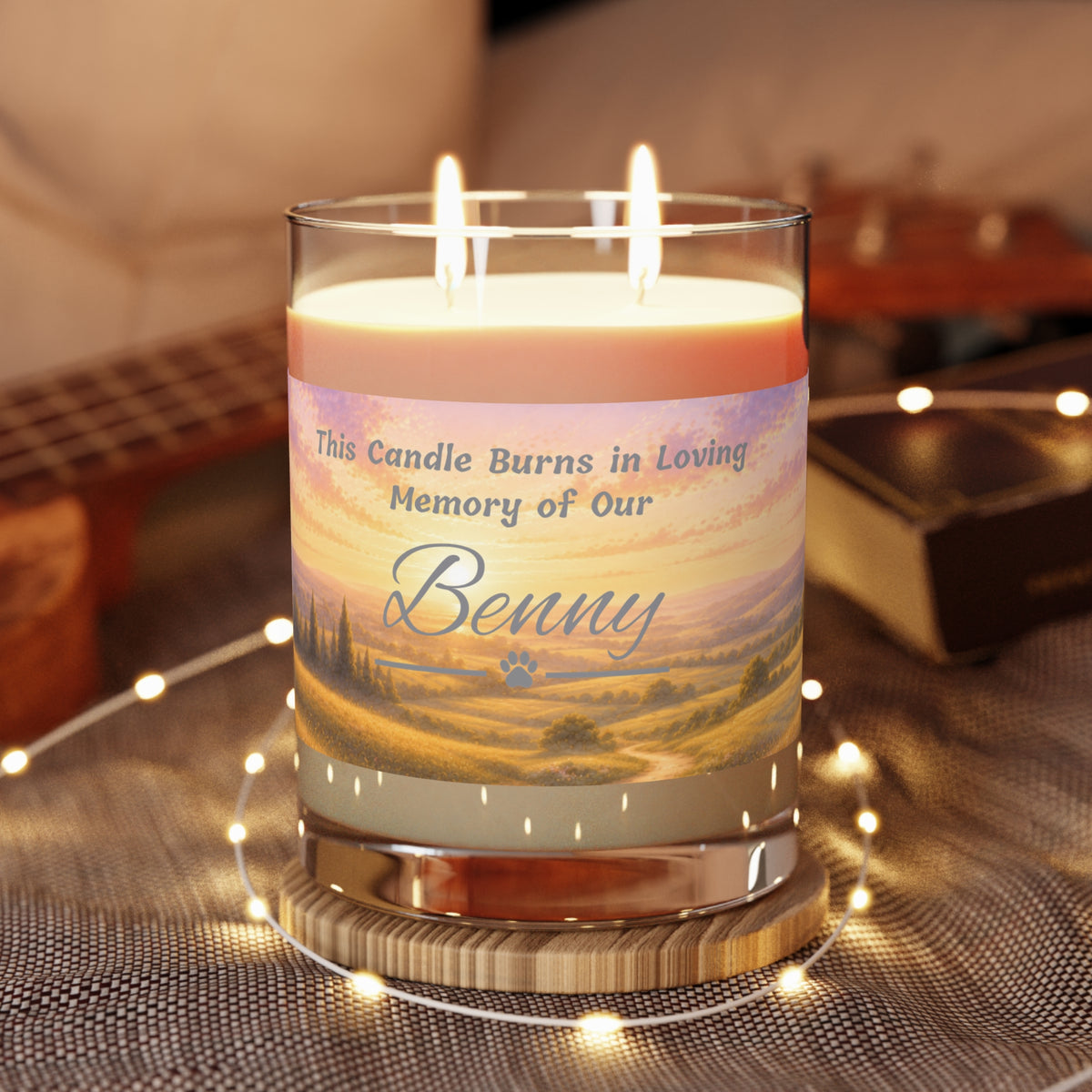 Rainbow Over Landscape – Personalised Pet Memorial Candle - Silver Text (Pet Photo & Name)