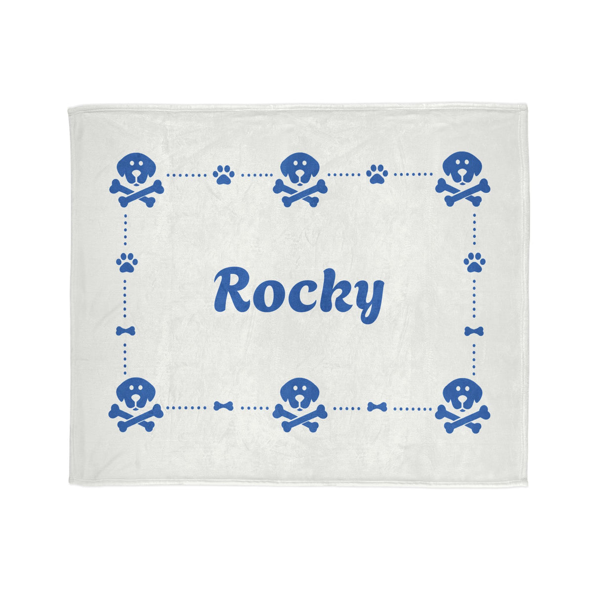 Personalised Fleece Pet Blanket, White with Blue Dog Cross Bone (Pet Name)
