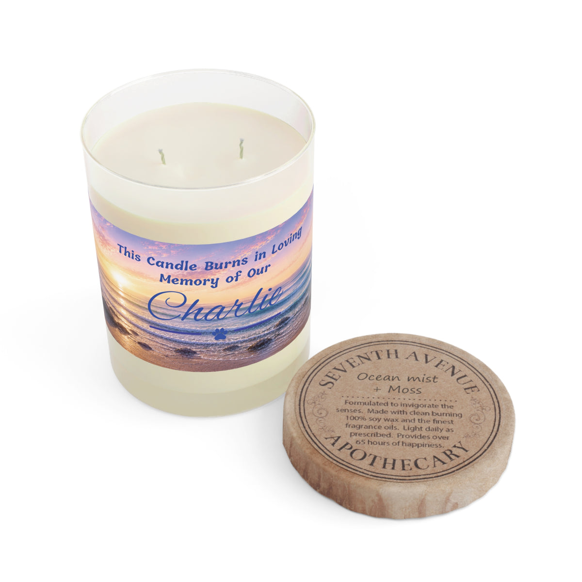 Rainbow Over the Seascape – Personalised Memorial Candle - Blue Text (Pet Photo & Name)