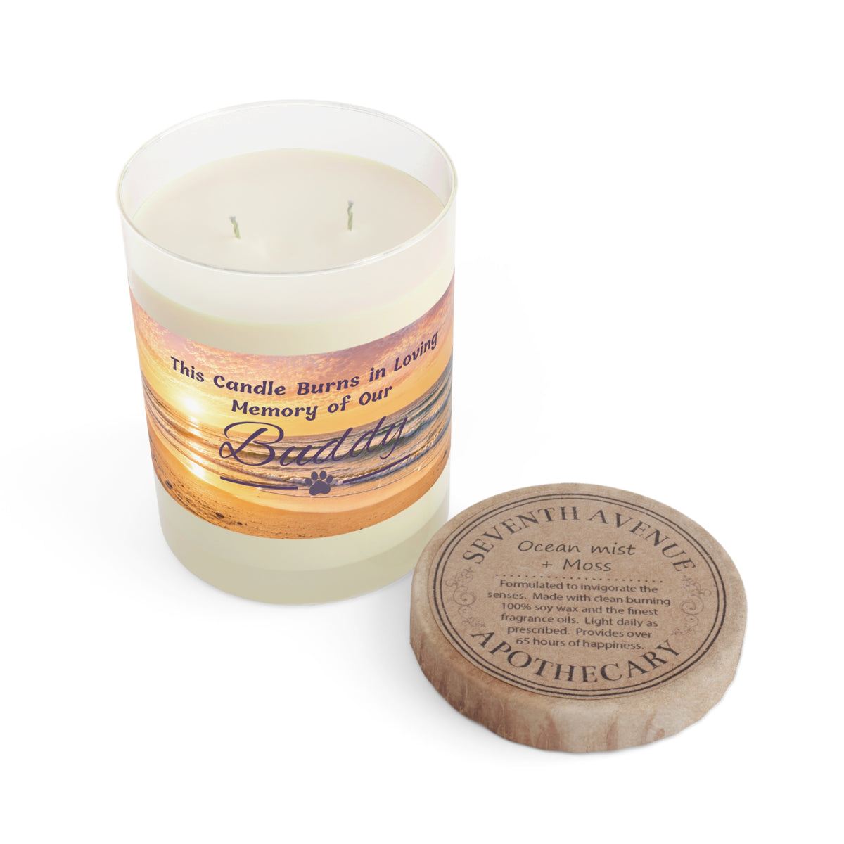 Rainbow Over the Beach – Personalised Pet Memorial Candle - Purple Text (Pet Photo & Name)