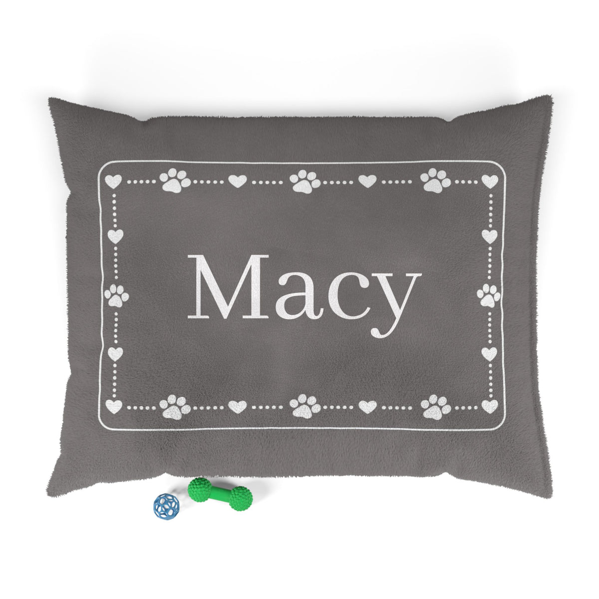 Personalised Pet Bed (Dog or Cat) with Name – Custom Pet Bed (Grey with White Paw & Heart Border Design)