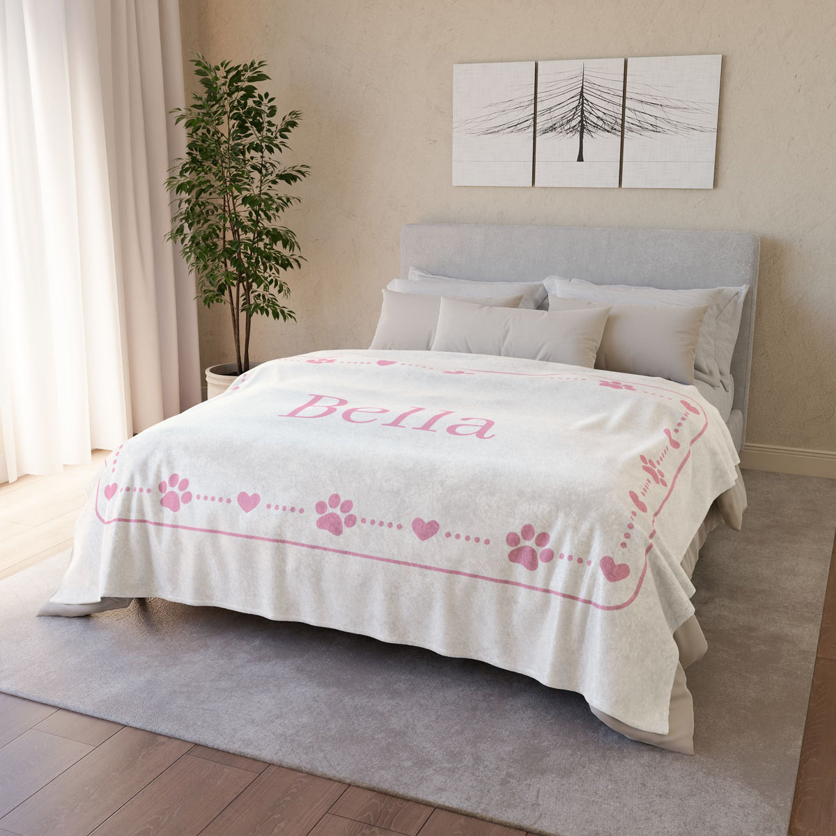Personalised Fleece Pet Blanket, White with Soft Pink Paw & Heart (Pet Name)