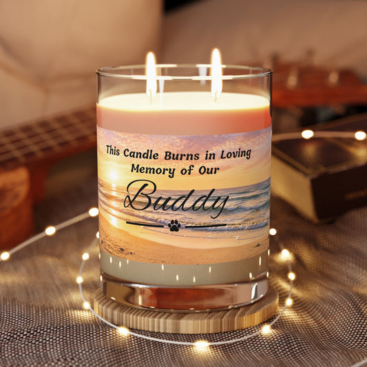 Rainbow Over the Beach – Personalised Pet Memorial Candle - Black Text (Pet Photo & Name)